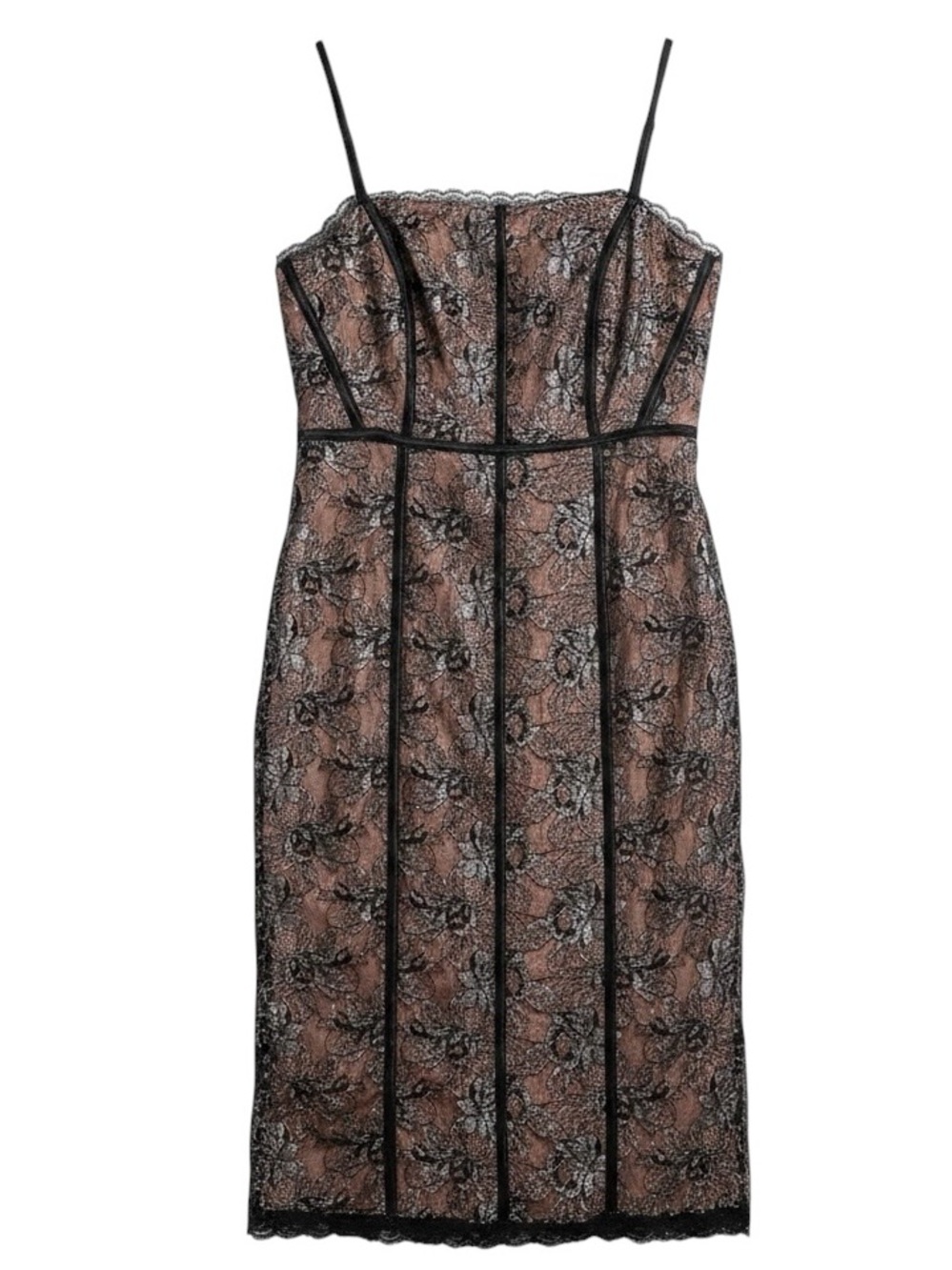By Anthropologie Square Neck Shine Midi Dress Metallic Lace Black Pink Med NWT